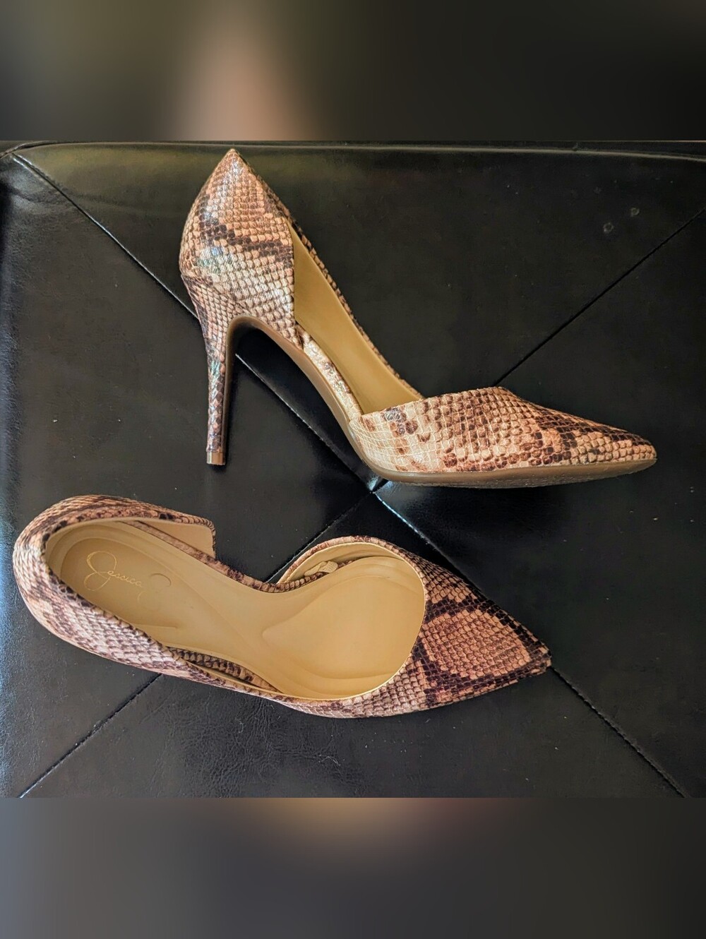 Brown Snake-Print Pointed Toe Pumps